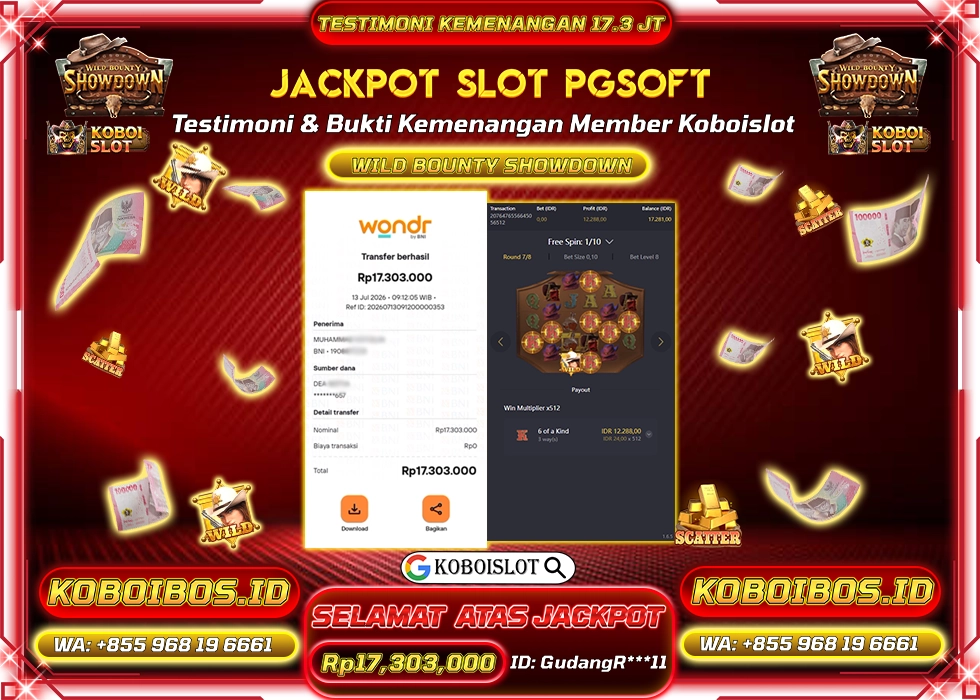 BUKTI KEMENANGAN GudangR***11 SLOT GACOR WILD BOUNTY SHOWDOWN Rp17.303.000,- LUNAS
